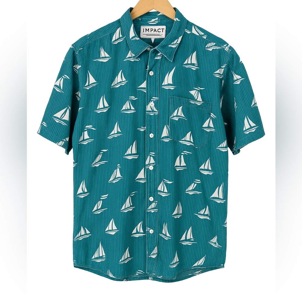 Vintage 80s 90s IMPACT Nautical Sailboat Print Shirt Men’s L Tall USA Made